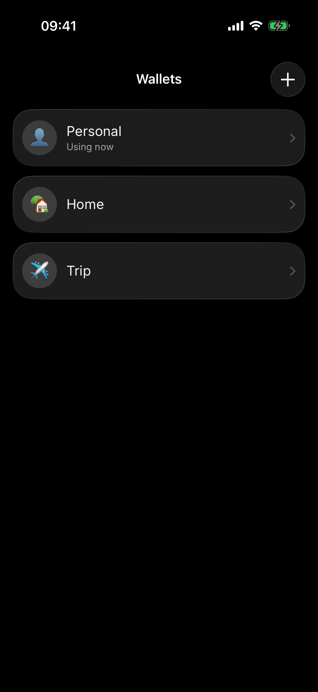 Wallets in Dark Mode.